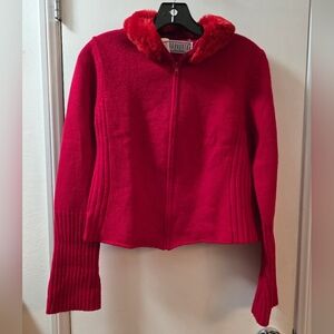 BB Dakota Hot Pink Zip Knit Jacket with Faux Fur Trim